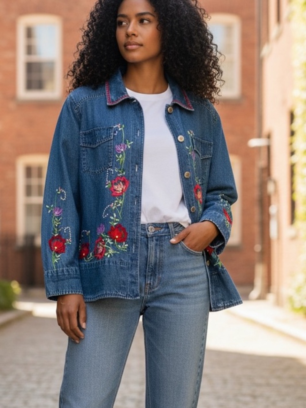 Vintage Denim Floral Embroidered Jacket Boho Shacket Artsy Cotton Size Large